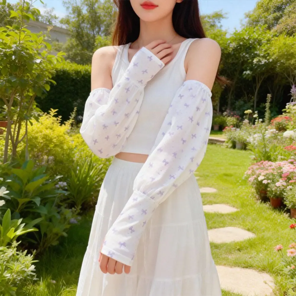 

New Ice Silk Summer Sun Protection Gloves Bow UV Protection Printed Finger Sleeves Soft Sun Protection Tools