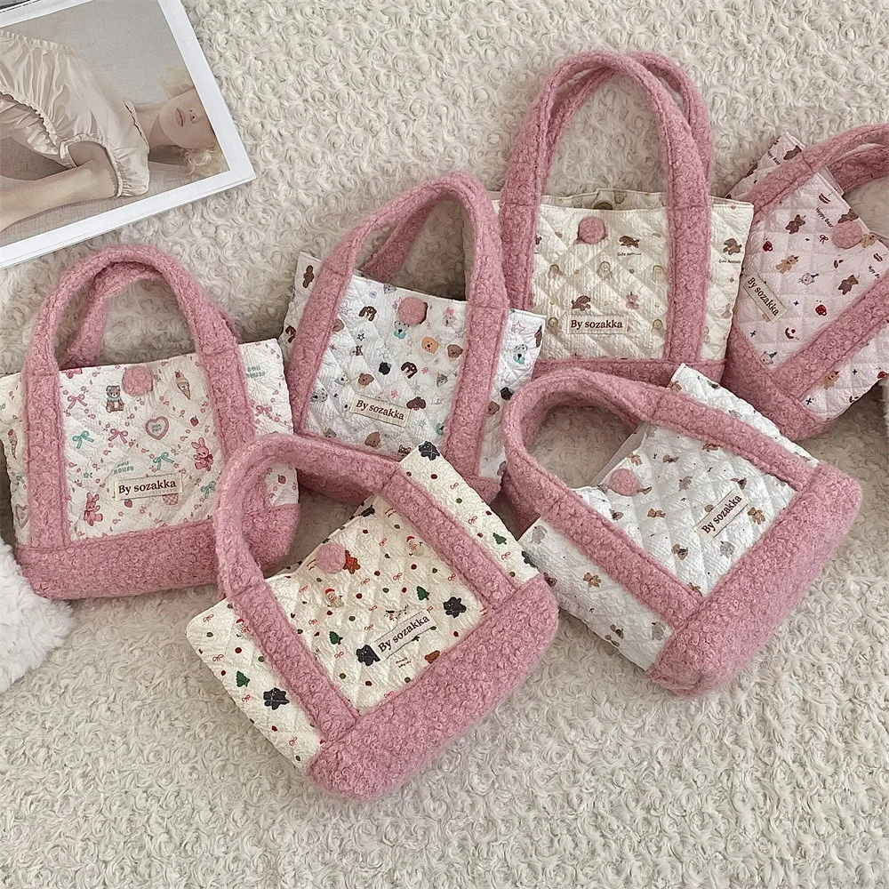 

Fashion Patchwork Mini Handbag Sweet Bear Corduroy Lunch Bag Large Capacity Storage Bag Female
