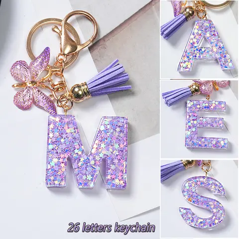 A-Z Sequins Initial Letter Keychain Purple Butterfly Tassel Resin Keyring Women Girls Backpack Charms Accessories New Year Gifts