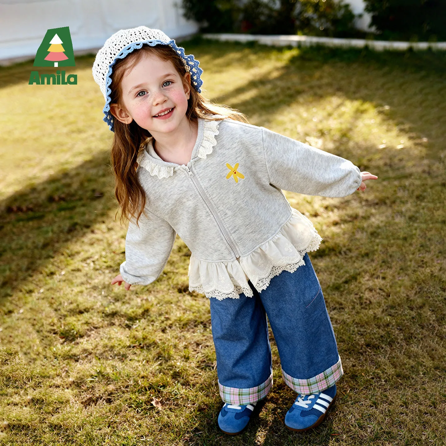 Amila 2026 Autumn New Kids Jacket Ruffle Hood Lace Brim Star Print Design Fashion Casual Cute Hooded Long Sleeve Top