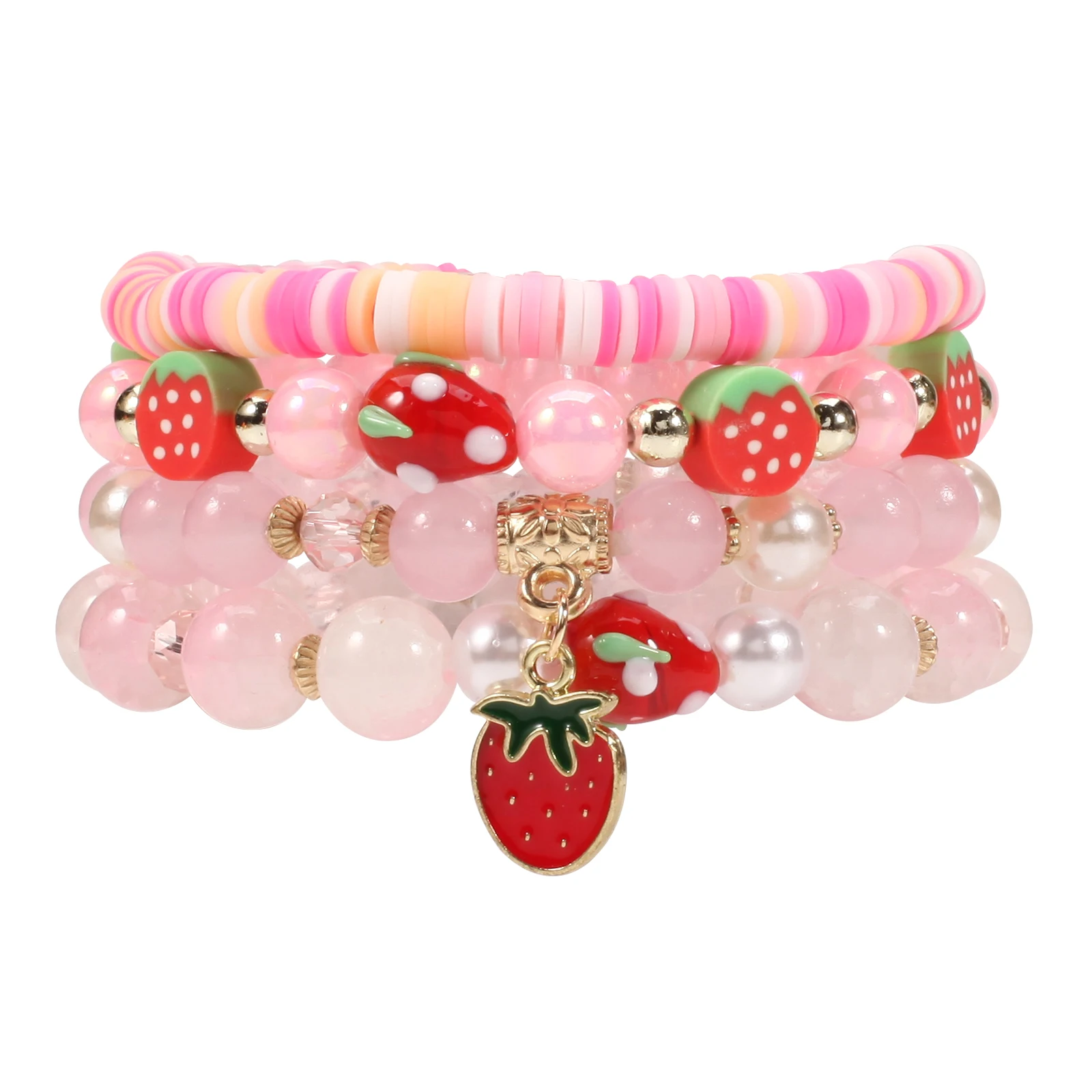 Bracciale elastico per ragazza in cristallo artificiale con perline di plastica con ciondolo a forma di fragola impilabile bohémien