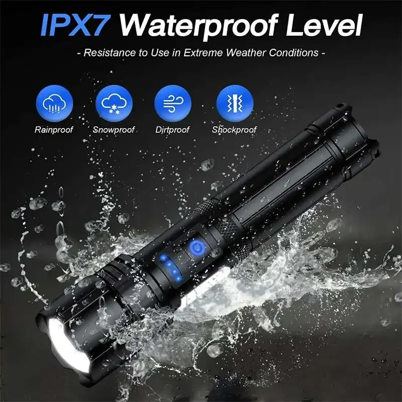 Rechargeable XHP90 Led Flashlight 10000 High Lumens Tactical Light Waterproof Zoomable 7 Mode Camping Emergencies Flashlights