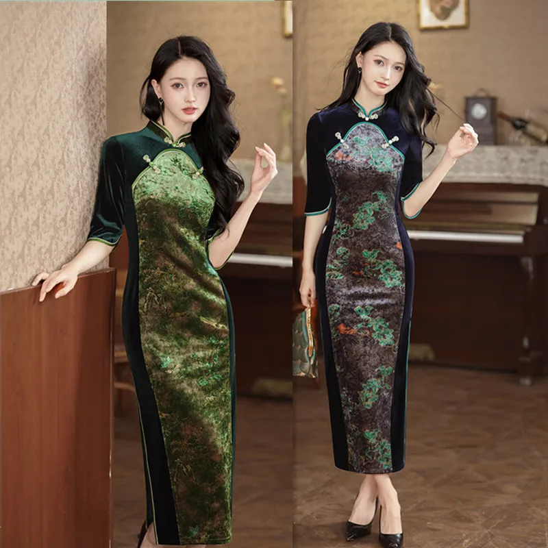 Old Shanghai New Chinese style Splicing Long Cheongsam 2026 Autumn New Style Slim fit Large Size Women Qipao Dress