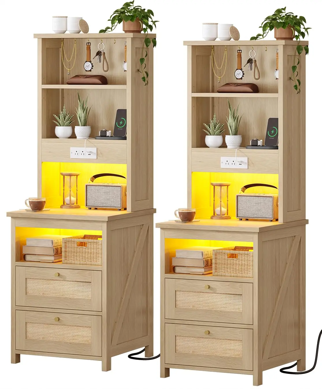 Farmhouse Nightstand Set of 2 Charging Station 2 Drawers Led Rattan Bookshelf Bedside Table Storage Shelves Bedroom, Customized