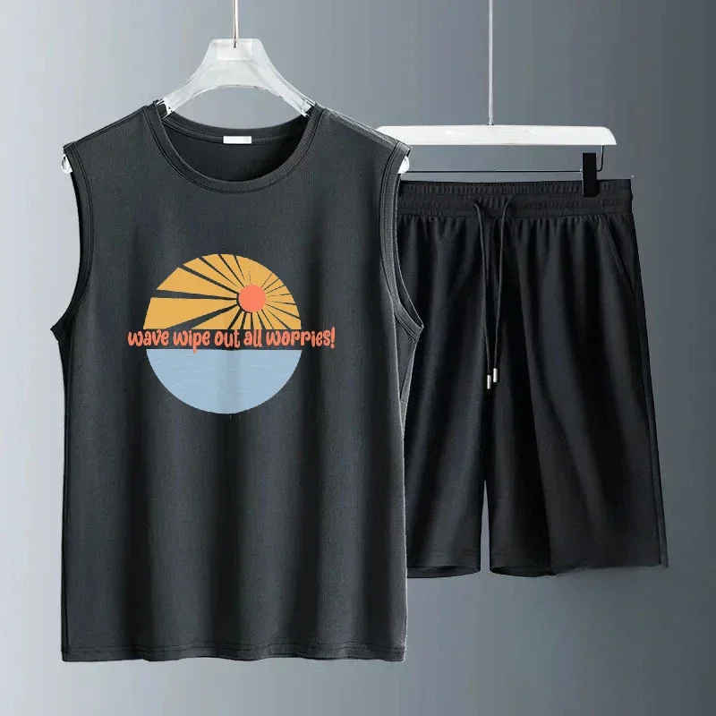 2025 الرجال الصيف بلا أكمام مجموعات غير رسمية الأحمر الشمس نصف طباعة الدعاوى تنفس اليومية مريحة المألوف ملابس رياضية للرجال