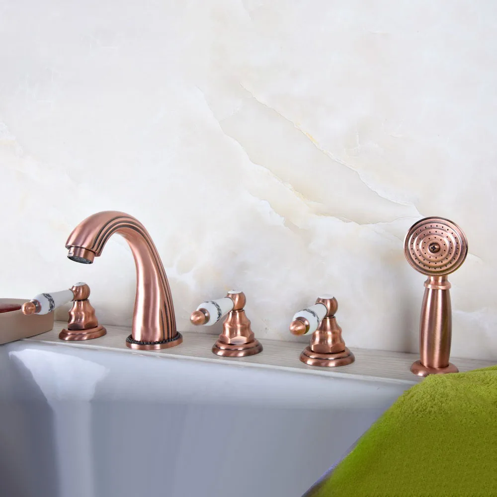 

Antique Red Copper Ceramic Handle Bathroom Bathtub Faucet Deck Mount 5 Holes Bath Mixer Taps with Handheld Shower ttf188