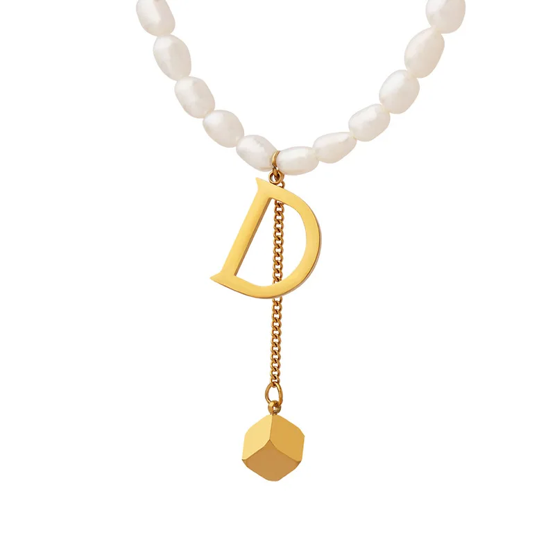 

Women's French Strand of Pearls Letter D shape tassel square pendant stainless steel necklace