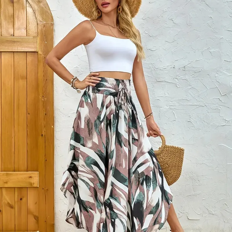 

Богемные винтажные юбки с цветочным принтом для женщин, новые летние модели с высокой талией, плиссированные, на резинке, длинные, повседневные, для отпуска и пляжа