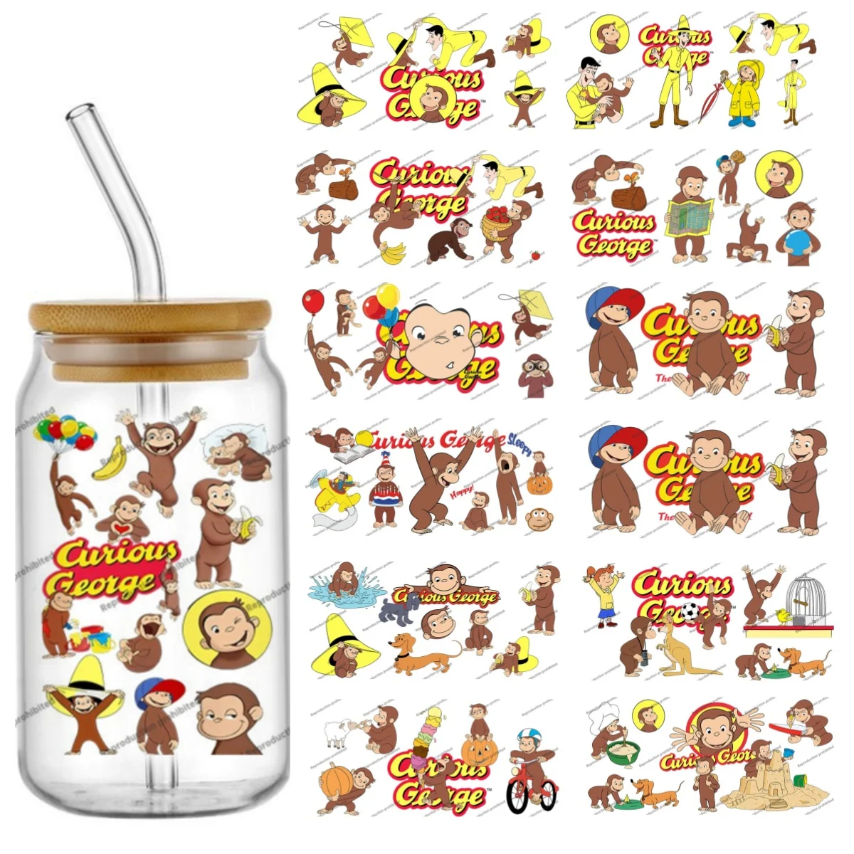 Hotsale Lovely Curious Monkeys 16oz UV DTF 3D Transfer Cartoon Sticker Wrap Decals For Glass Can Cup Fashion Craft DIY Creative