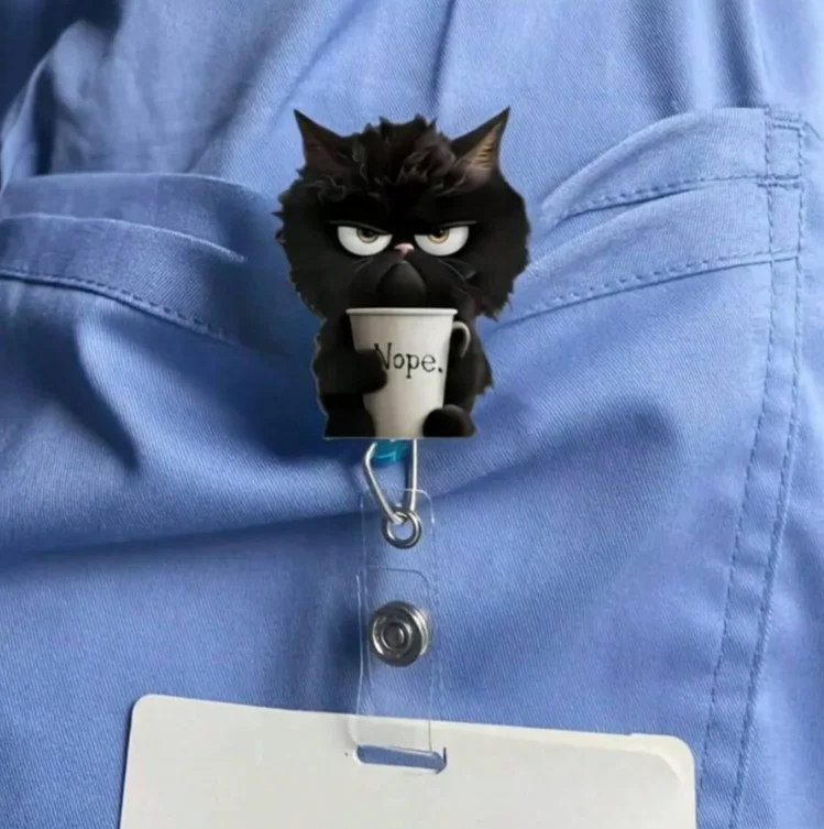 Grumpy Black Cat Nope Coffee Cup Retractable Badge Reel Funny Cartoon Animal ID Card Holder for Nurse Teacher Office Workers Name Tag Holder