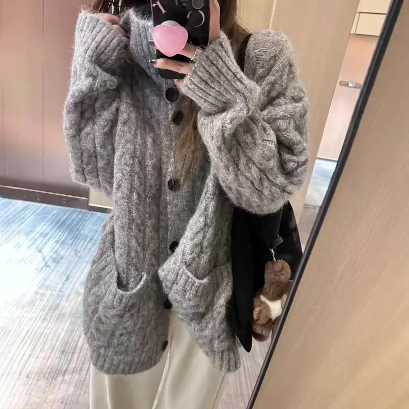 

2023 Korean Version Loose Lazy Style High Neck Knitted Cardigan Women, New Soft Retro Casual Braided Sweater Coat Autumn
