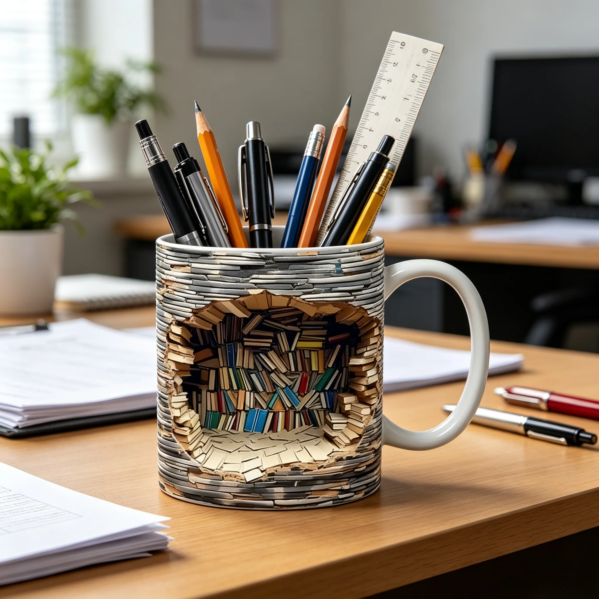 Ceramics 3D Library Book Mug Pen Holder Storage Milk Cup Makeup Brush Storage Bucket Student Learning Office Stationery Storage