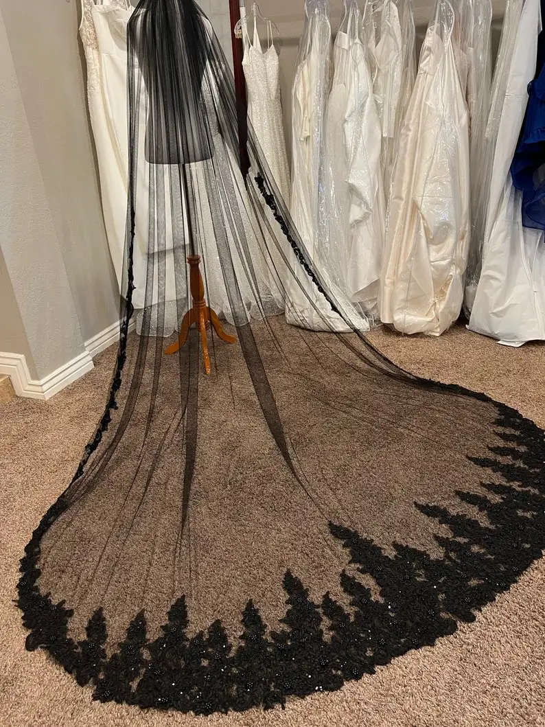 

Black Lace sparkle Cathedral Veil Wedding Dress Wedding Veil Bridal Veil