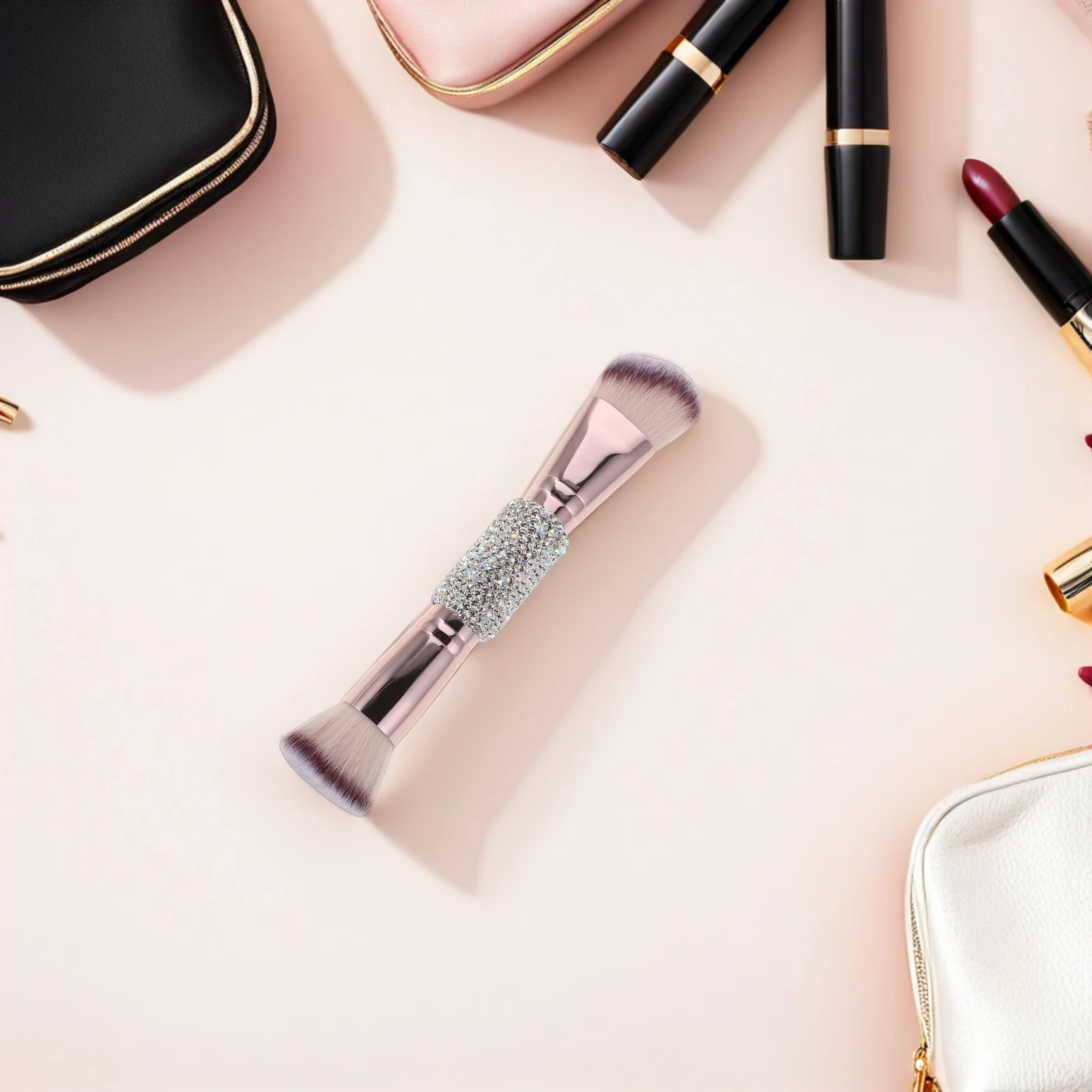 ชุดแปรงแต่งหน้าแบบมืออาชีพสองด้าน ด้ามจับประดับคริสตัล อ่อนโยนต่อผิว สำหรับรองพื้นเนื้อครีม แป้งฝุ่น บลัชออน