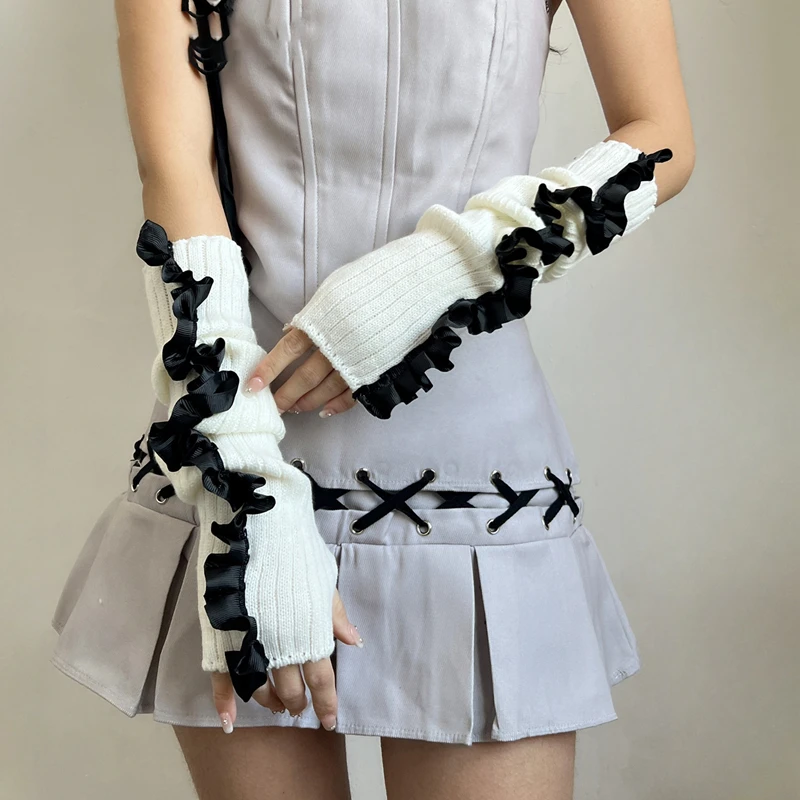 

Elastic Soft Long Ruffles Arm Sleeves Outwear Casual Decorative Knit Fingerless Gloves Ladies Party Accessories