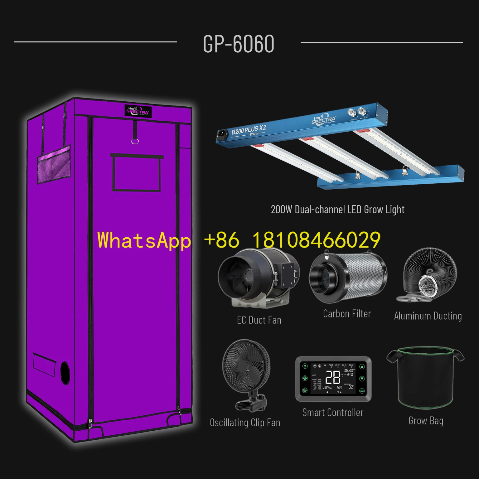 

60x60cm Grow Tent and 200W LED Grow Light HortiSpectra Grow Package by