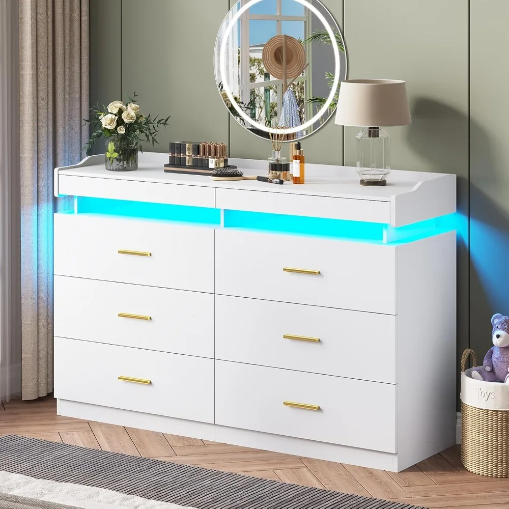 

LED Dresser with 2 Pull-Out Tray, 6 Drawer Dresser, 47.2" Long Wide Chest of Drawers, Modern TV Stand Storage Organizer