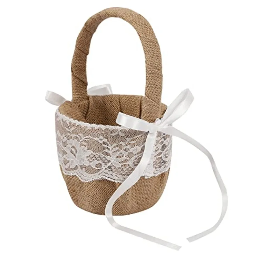 الخيش الزفاف زهرة فتاة سلة خمر سلة للزهور الجوت الورود ريفي الزفاف زهرة فتاة سلة مع الدانتيل الساتان الزفاف Pa