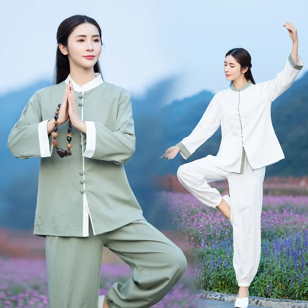 Tuta da donna in stile cinese Yoga Tai Chi Arti marziali Abito in cotone e lino Camicia ampia + pantaloni Meditazione Kungfu Set atletico casual
