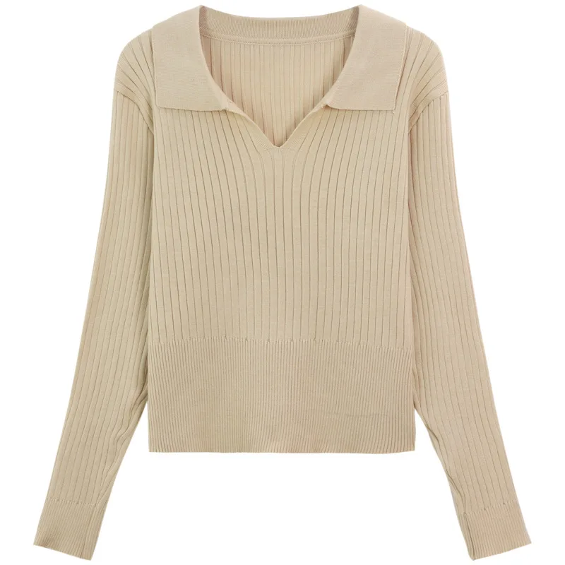 Women Sweater Autumn Winter Solid Color Retro V-Neck Polo Collar Knit Sweater Korean Style Long Sleeve Top Girl Student Sweate
