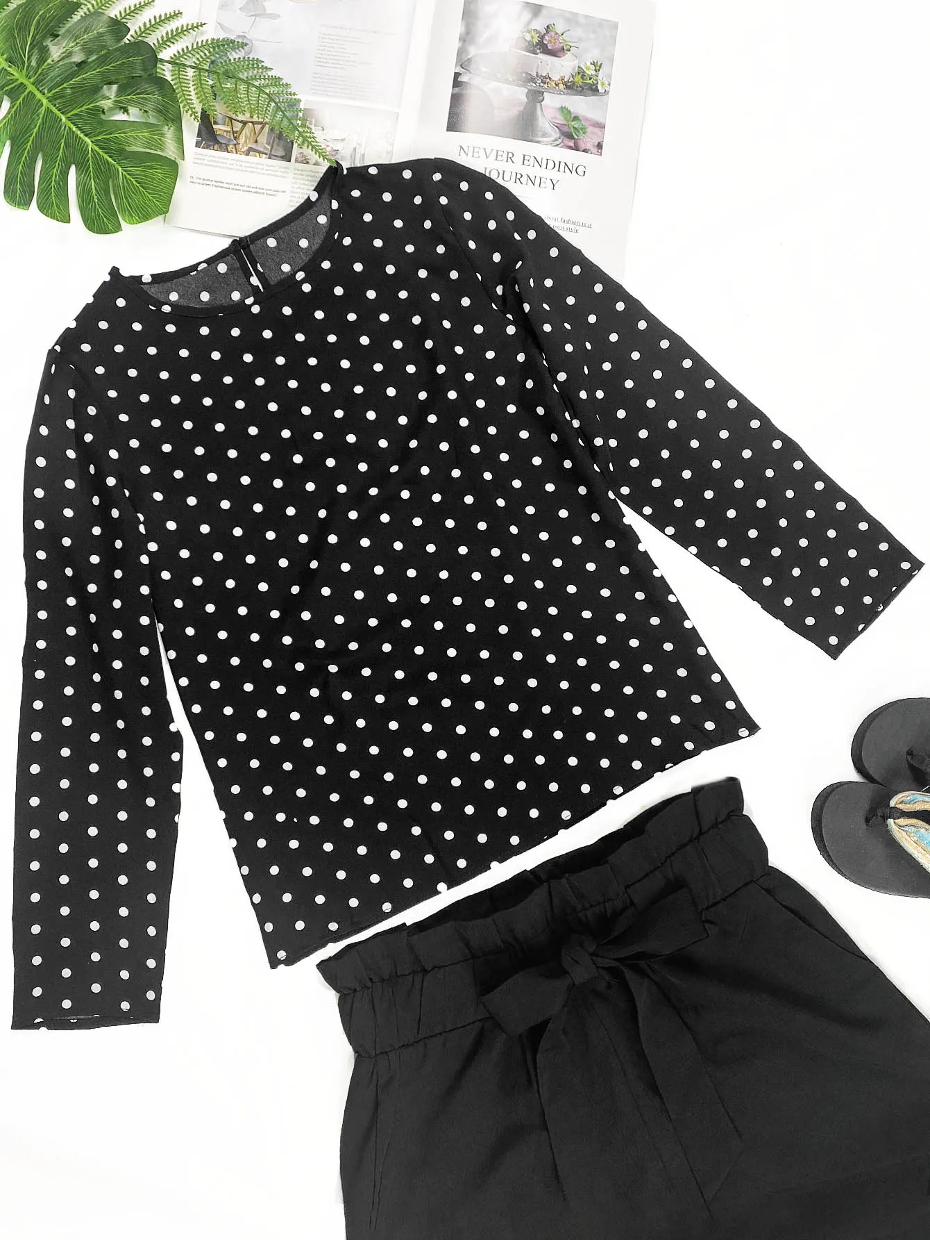 Spring Summer Women Fashion Casual O-Neck T-Shirt Polka Dot Printed Color Clash Long Sleeve Pullover Tops