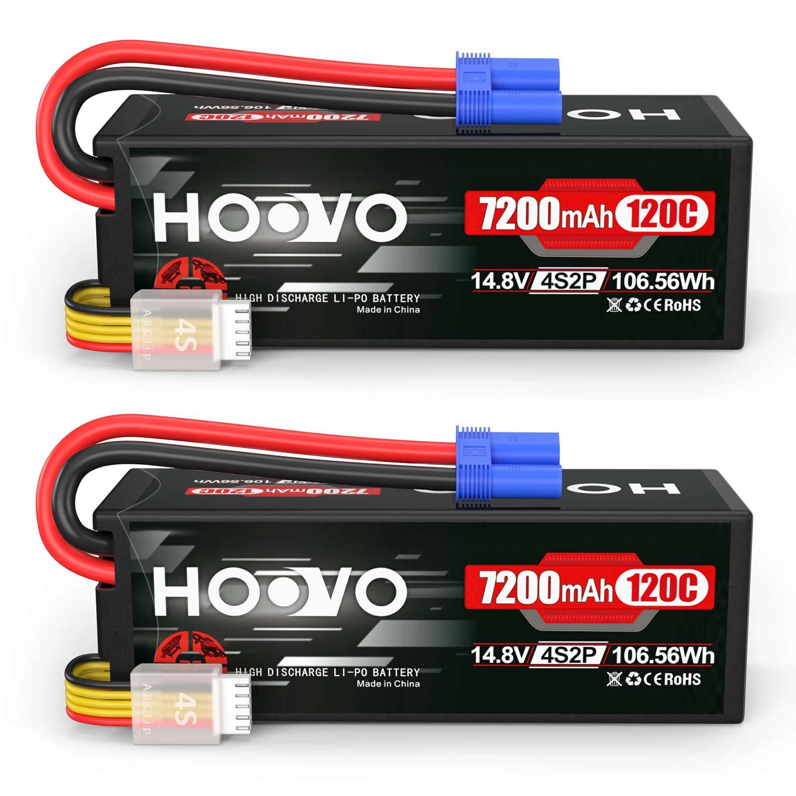 HOOVO 2Pcs RC LiPo Battery Hard Case 4S 14.8V 7200mAh 120C with EC5 Connector for RC Buggy Truggy Crawler Monster Boat Truck