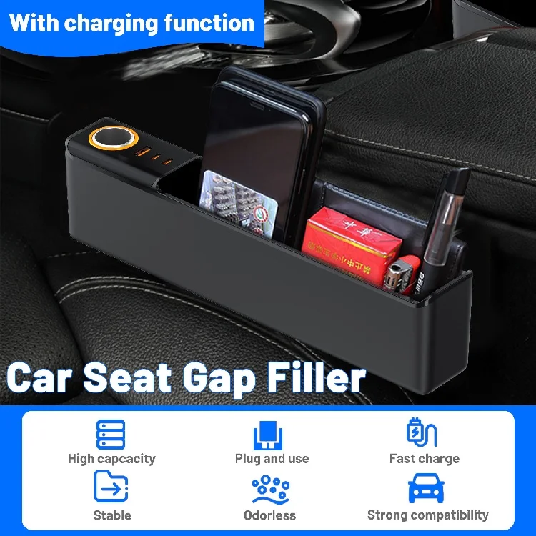 Car organizer with removable fast-charging storage box accessory side padding for car seat gaps