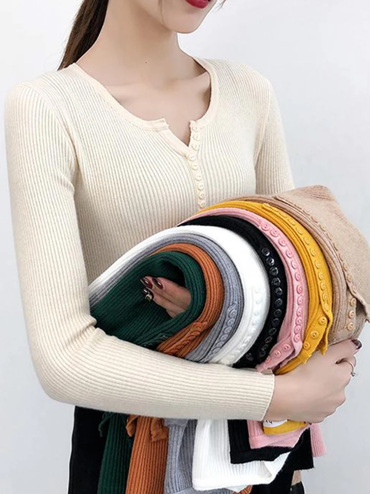 Autumn Winter Button V Neck Sweater Women Basic Solid Slim Pullover Women Sweaters Knitted Pullovers Casual Jumper Ladies Tops