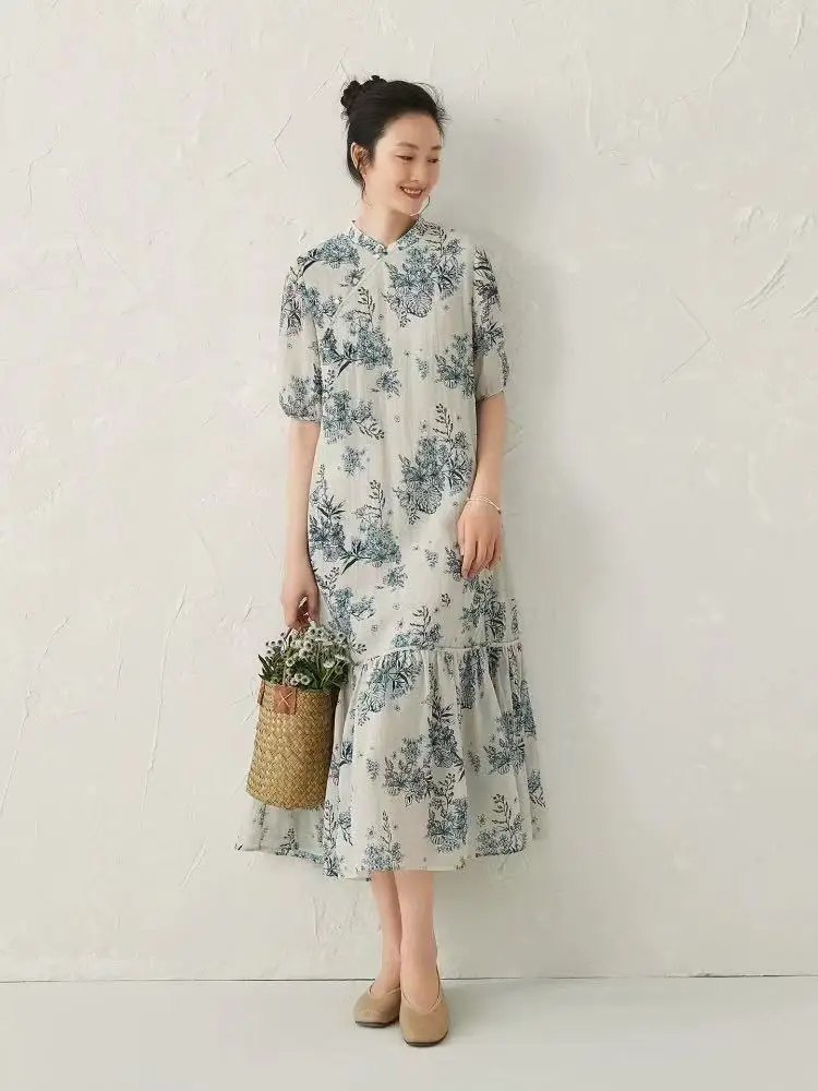 Robe d'été en lin à manches courtes pour femmes, nouveau Style, à la mode, nationalité chinoise, Design de peinture imprimé, robe trapèze N747