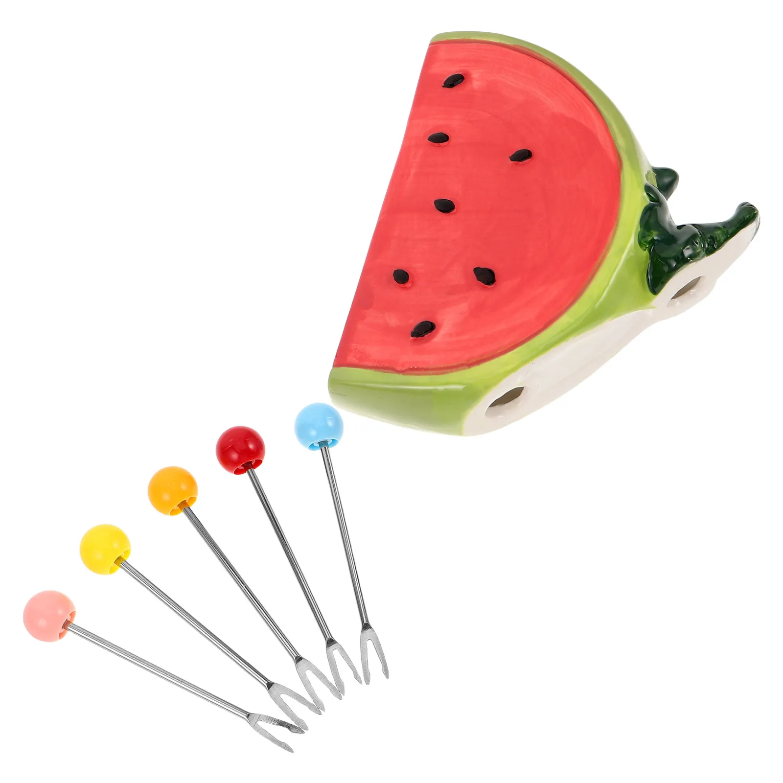 Stainless Steel Mini Dessert Fork Set with Watermelon Ceramic Base – Portable Fruit Forks for Party, Wedding, Seafood