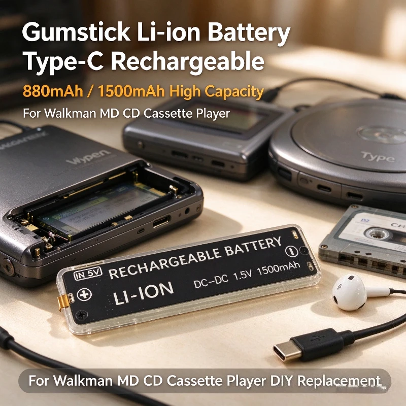 1.5V 880mAh / 1500mAh Type‑C Rechargeable Gum Gumstick Battery High‑Capacity DIY Lithium Cell for Walkman MD CD Cassette Player