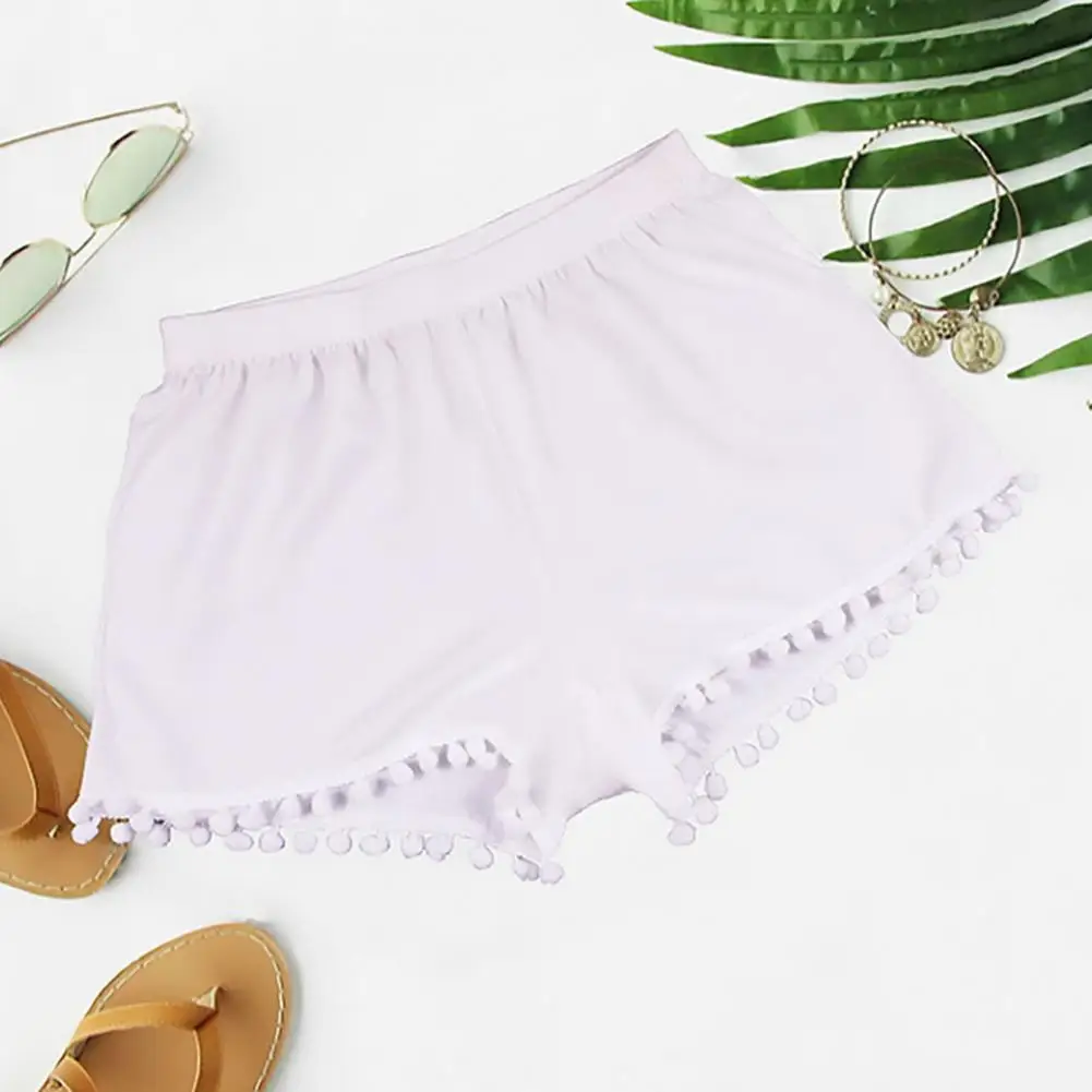 

Women Beachwear Shorts Stylish Women's Beach Shorts with Plush Ball Decor High Elastic Waist Quick Dry Bikini for Summer
