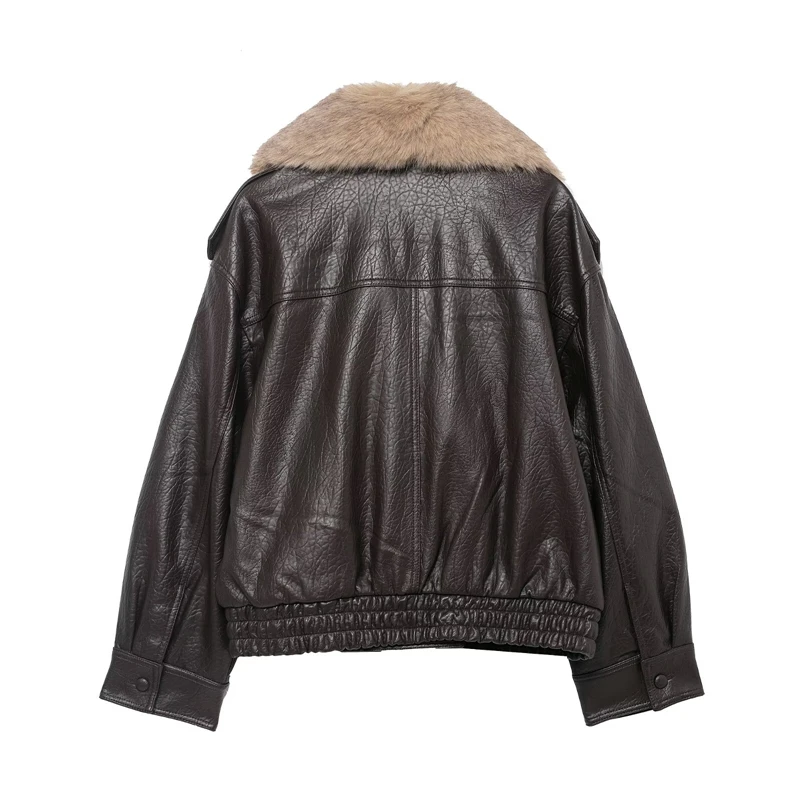  Vintage Brown Faux Leather Jacket for Women Faux Fur Collar Short Coat Casual Streetwear"