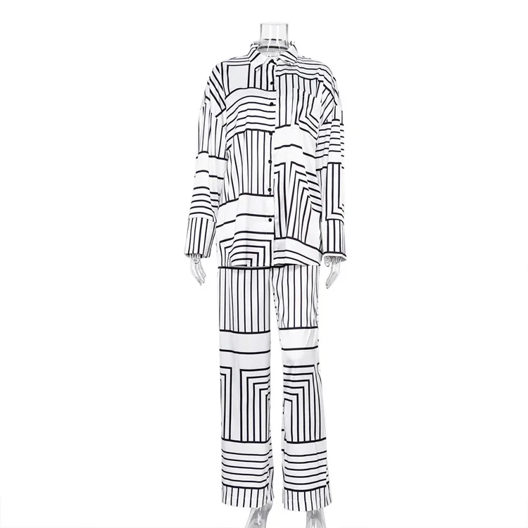 Satin Stripe Print Sleepwear Women's Pajamas Set Elegant Loose Long Sleeve High Waist Pants Home 2Pcs Pijama Wide Trouser Suits