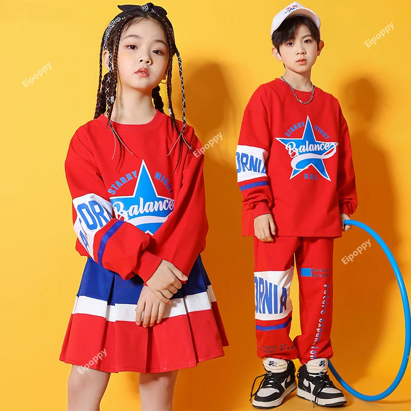 Girls Hip Hop Top Contrast Sports Skirts Boys Sweatshirt Street Dance Pants Kids Jazz Cheerleader Clothes Sets Child Streetwear