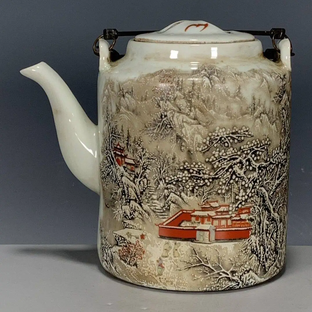 Vintage Qing Tongzhi Pink Porcelain Snow Scene Pattern Lifting Beam Pot Antique Porcelain Collection Exquisite Crafts