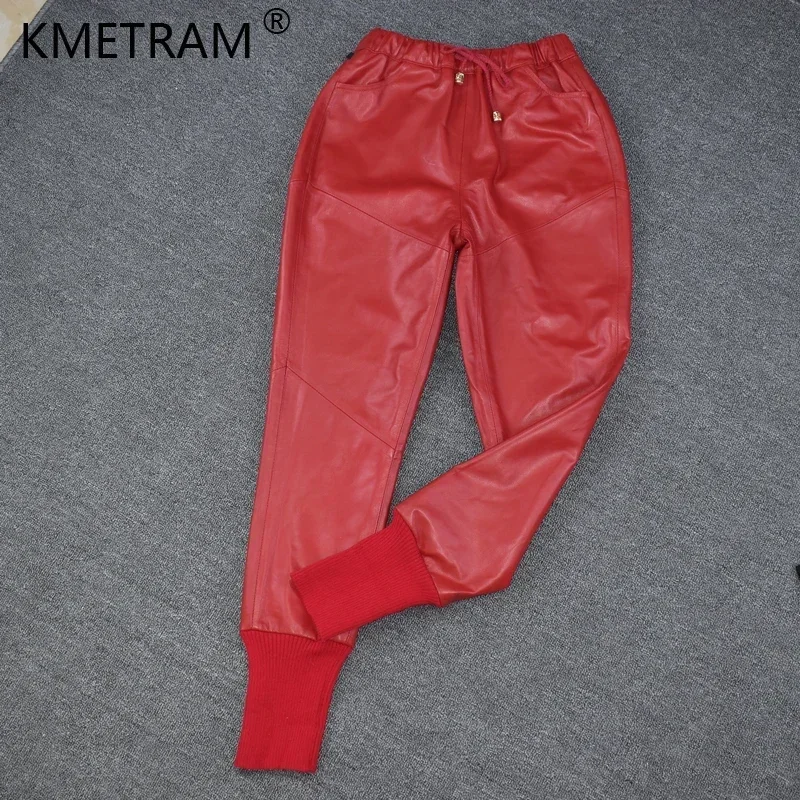 Autumn winter fashion drawstring Genuine sheep leather pants female elastic waist casual leather harem trousers for women