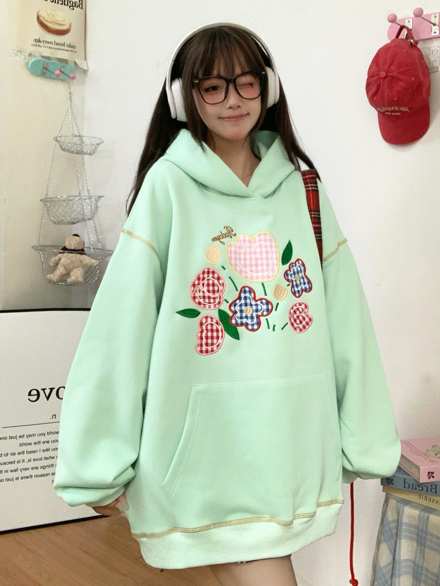 Embroidery Pocket Hooded Hoodie Oversized Cute Pretty Loose Women's Sweatshirts Hoodies Y2k Clothes 2000s kawaii grunge harajuku