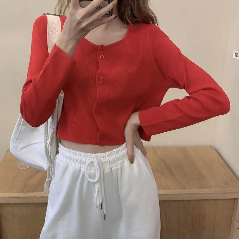 New Spring Summer Refreshing Comfortable Tender Thin Ice Silk Knitted Cardigan Women's Jacket Long-sleeved Purple Short Top