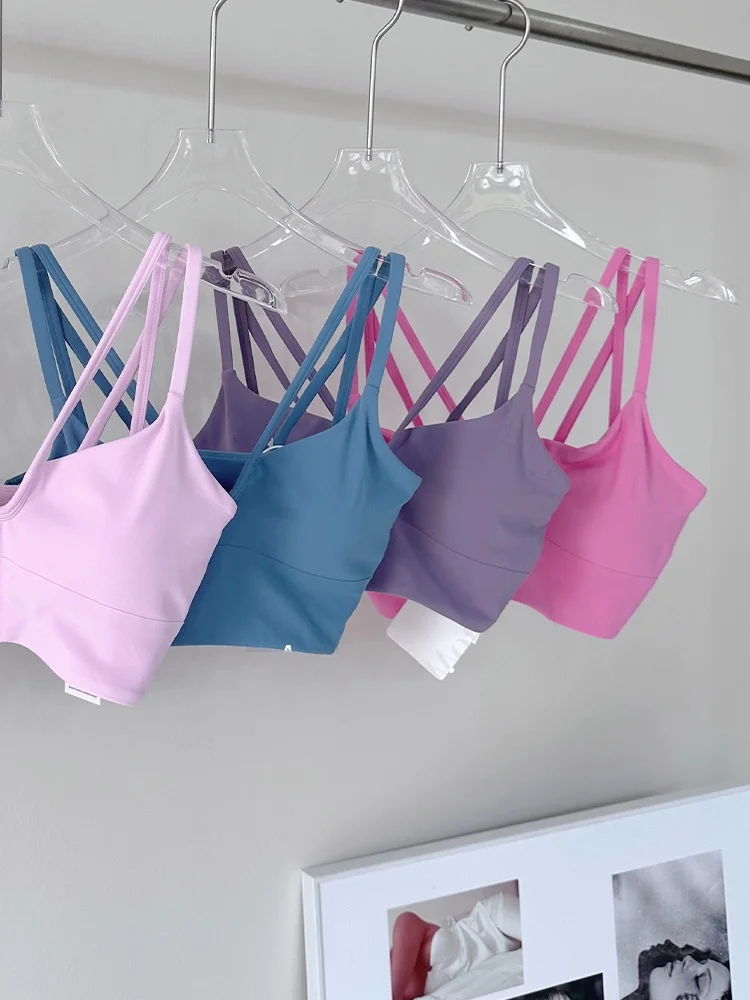 

Sexy Sports Bra Women's Profional oproof Gathered Fitn Yoga Vest Breathable Thin Strap Underwear Nylon U-Ne Bal