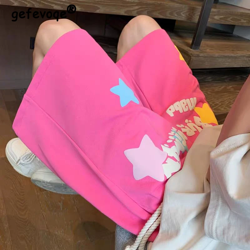 

Women Trendy Print Streetwear Harajuku Y2K High Waist Wide Leg Short Pants 2024 Summer Students Casual Loose Sports Beach Shorts