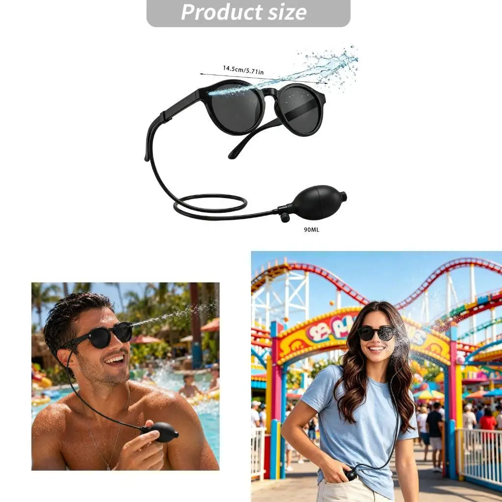XXFE Beach Trip Gag Sunglasses with Water Stream Frame and Squeeze Bulb Refill Tanks, Black Novelty Glasses for Outdoor