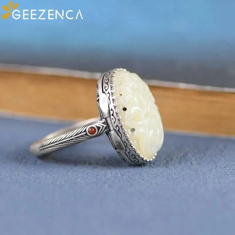 GEEZENCA 925 Sterling Silver Carved Jade Sizable Ring For Women Luxury Handmade Unusual Peony Flower Locket Openable Rings Gift