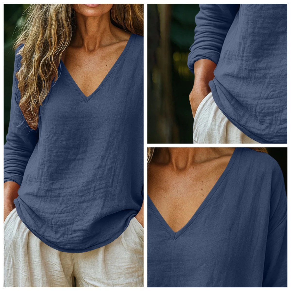 Camiseta de mujer estilo europeo y americano, Top de mezcla de algodón para primavera, camiseta de manga larga con cuello en V de lino y algodón