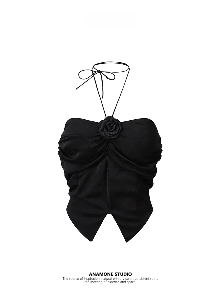

ANAMONE Black Spicy Girl Strapless Crop Top Women's Summer 2025 New Design Rose Waist-Cinching Neck Hanging Vest