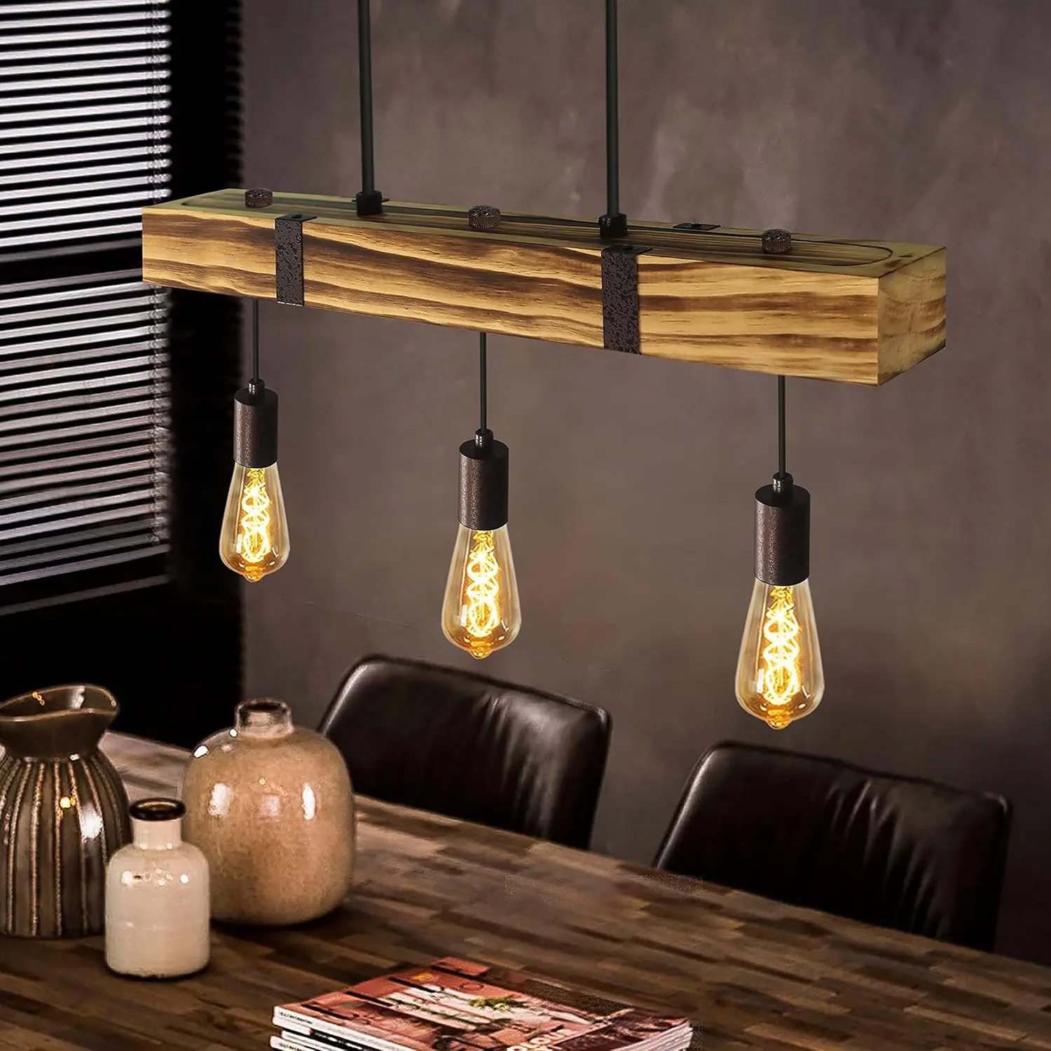 Pendelleuchte Esstisch aus Holz Vintage Hängelampe Retro Esszimmerlampe in 61CM Holzbalken - 3 x E27 max. 25W - Höhenverstellbar Industrial Pendellampe Restaurant für Bar Esszimmer Wohnzimmer