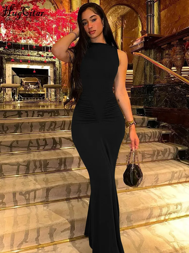 Hugcitar 2025 elegante sólido sem mangas drapeado sexy bodycon maxi vestido de baile verão roupas de moda feminina festa de aniversário festival