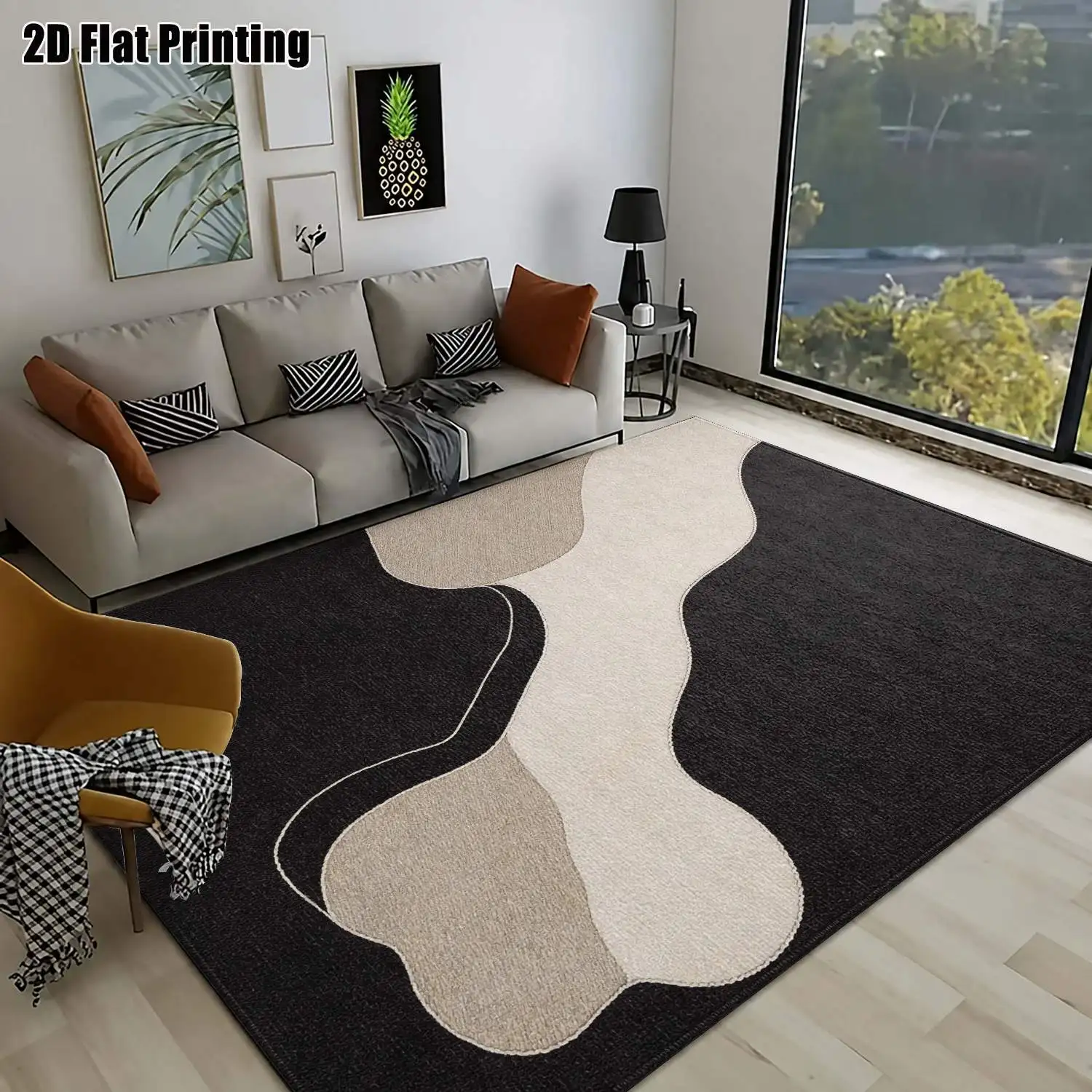 1Pc 2D Printed Nordic-Style Carpet, Simple Beige Abstract Art Pattern, Geometric Abstract Floor Mat, Instagram-Inspired, Machine-Washable, Multi-Size, for Entrance/Dining/Bedroom/Living Room Home Decor