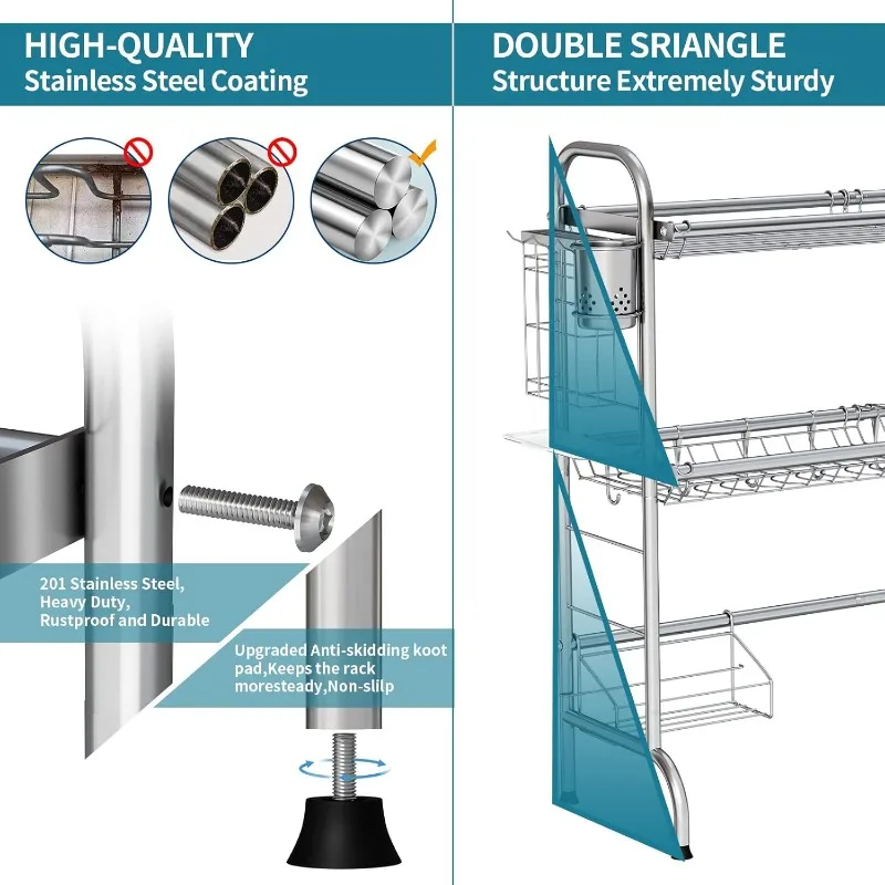 Stainless Steel 2-Tier Over The Sink Dish Drying Rack with Utensil Holder, Large, for Kitchen Counter