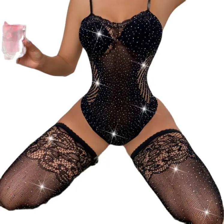 

New Dancewear Sexy Girl Wear Sparkle Rhinestone Stocking Dress Crystal Bodystocking 3 piece Suit Lingerie